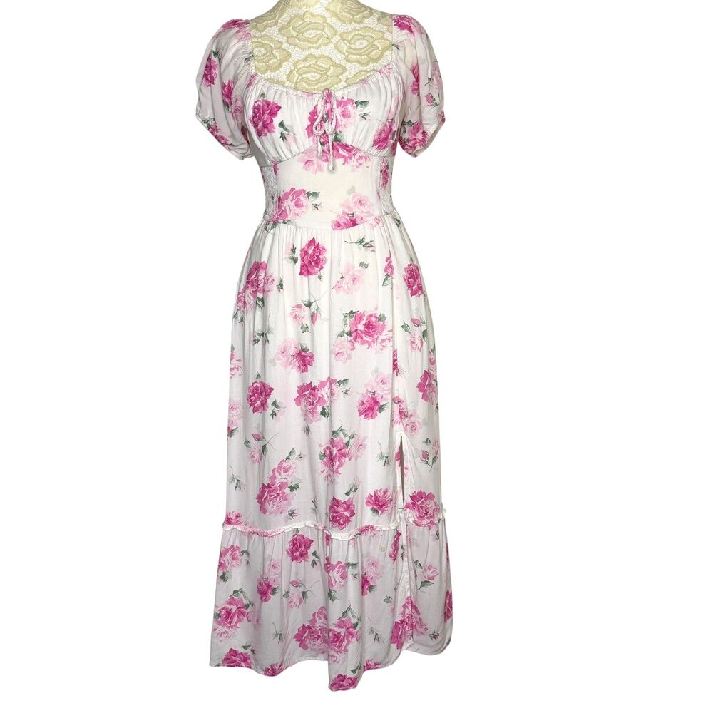 Hollister Corset Detail Midi Dress Smocked Rose Puff Sleeve Floral Pink White XS